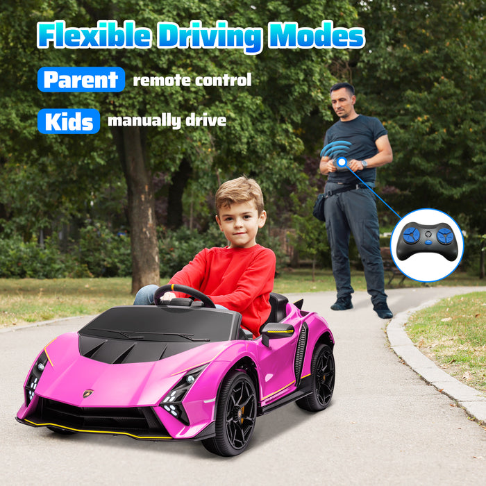 AIYAPLAY 12V Lamborghini Autentica Licensed Kids Electric Car with Remote Control, 4 Suspension Wheels, Soft Start, Pink