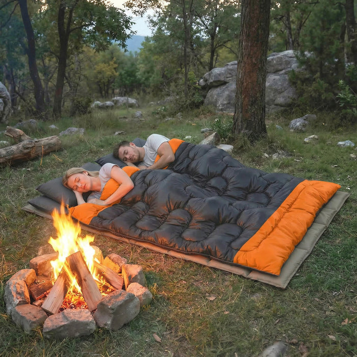 Outsunny Double Sleeping Bag with 2 Pillows, 220 x 160 cm Extra-Large Sleeping Bag for Adults, Grey and Orange