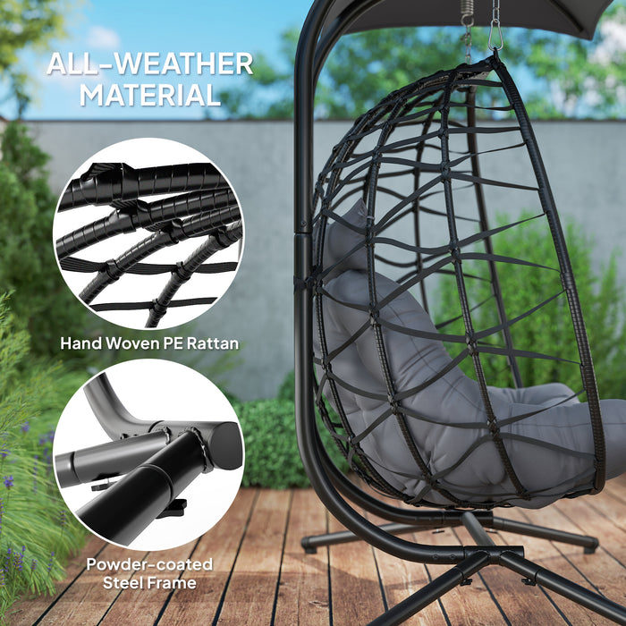 Outsunny Rattan Double Hanging Egg Chair with Canopy, Foldable Wicker Swing Egg Chair with Cushion, Head Pillows, Stand, Steel Frame, Hammock Chair for Indoor Outdoor, Capacity 260 kg, Black