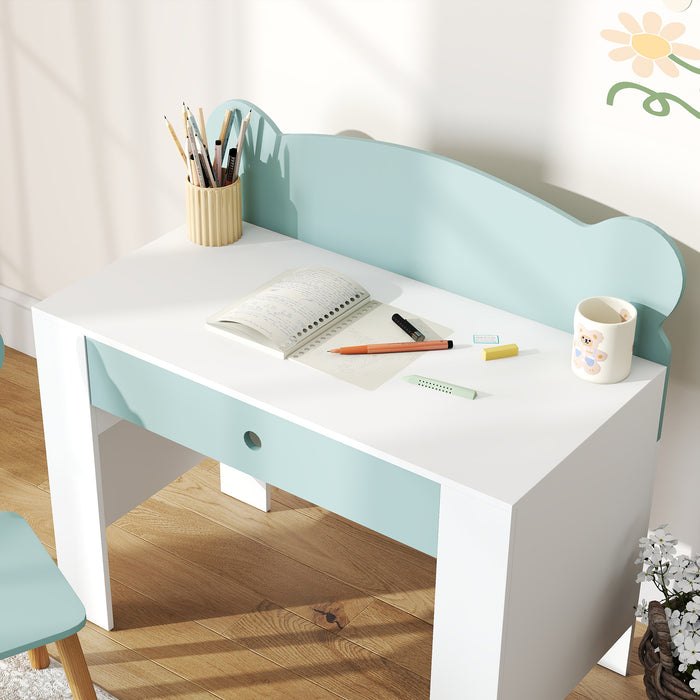 AIYAPLAY Kids Desk and Chair Set with Drawer for Drawing, Reading, Bear Theme Children Furniture for Bedroom, Daycare, Green
