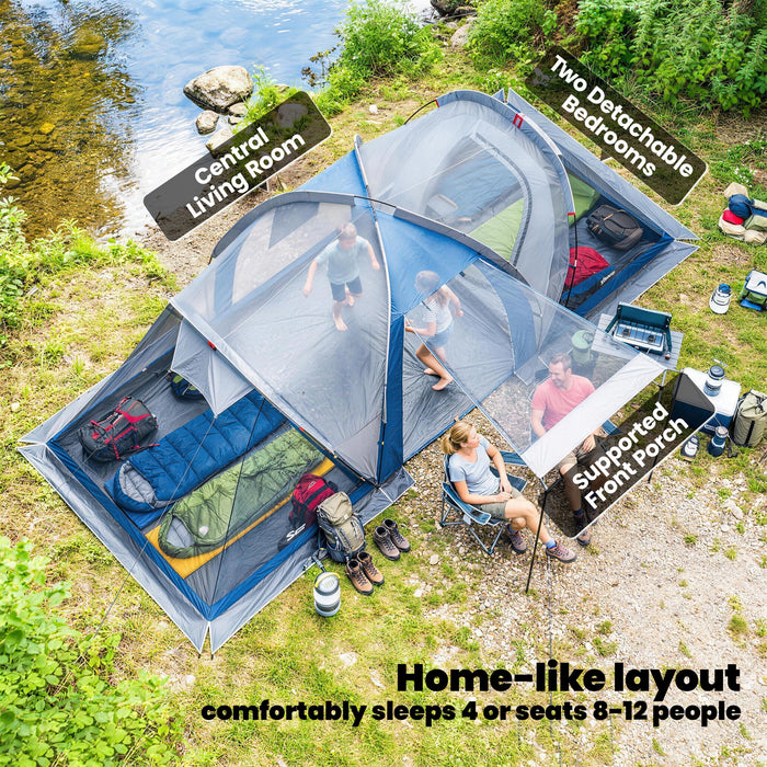 Outsunny Family Camping Tent 3000mm Waterproof Windproof Tunnel Tent 8-12 Person, Navy Blue & Light Grey
