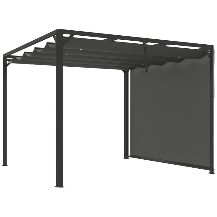 Outsunny 3 x 3(m) Garden Pergola with Retractable Roof Canopy and Roller Shade, Aluminium Pergola Kit Gazebo, UPF30+ Sun Shade Shelter for Deck, Porch, Dark Grey