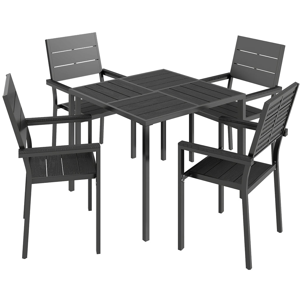 Outsunny 5 Pieces Garden Dining Set, Garden Table and Chairs Set for 4 with Square HDPE Table and Chairs with Armrests, Black