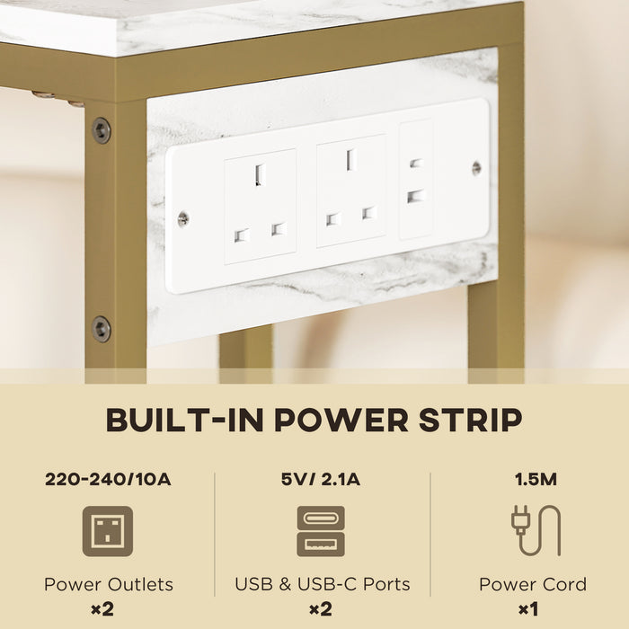 HOMCOM C Shaped Side Table with Charging Station and Faux Marble Top - White