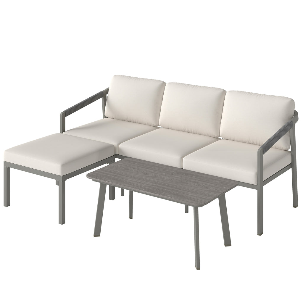 Outsunny 3 Piece Garden Dining Set, Outdoor Patio Furniture with 3 Seater Sofa, Footstool, Coffee Table and Cuhsions