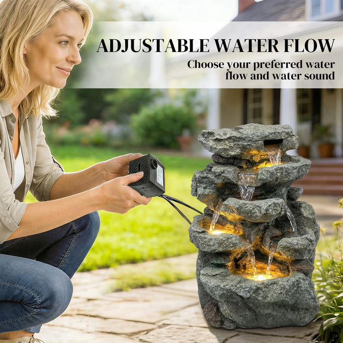 Outsunny Outdoor Fountain with 6-Tier Rock Design, Waterfall Feature with LED Lights, Resin Freestanding Garden Fountain, Grey