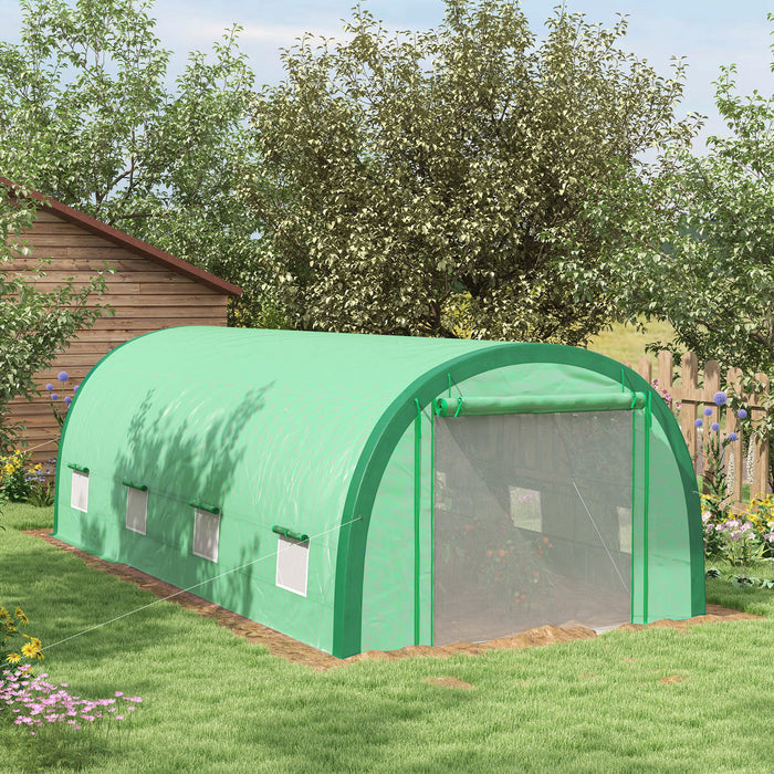 Outsunny 6 x 3(m) Polytunnel Greenhouse with Upgraded Structure, Mesh Door and Windows, 15 Plant Labels, Green