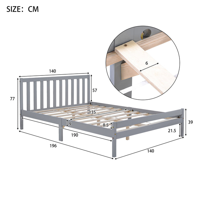 Wooden Double Bed Frame with Headboard and Footboard - Elegant 4ft6 Bedroom Furniture in Grey, No Box Spring Needed - Comfort & Style for Modern Bedrooms, Size 196x140x77 cm