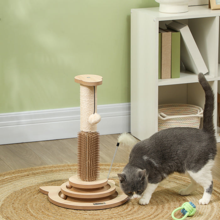 PawHut 49cm 5 in 1 Cat Scratching Post with Sisal Post, Track Ball Toy, Self Grooming Brush, Hanging Toy Ball, Feather, Oak | Aosom UK