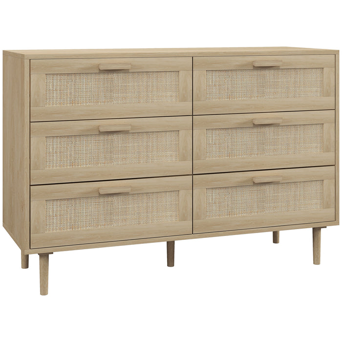 HOMCOM Chest of Drawers, 6-Drawer Dresser, Tall Storage Drawer Unit with Rattan Element for Bedroom, Living Room, Oak