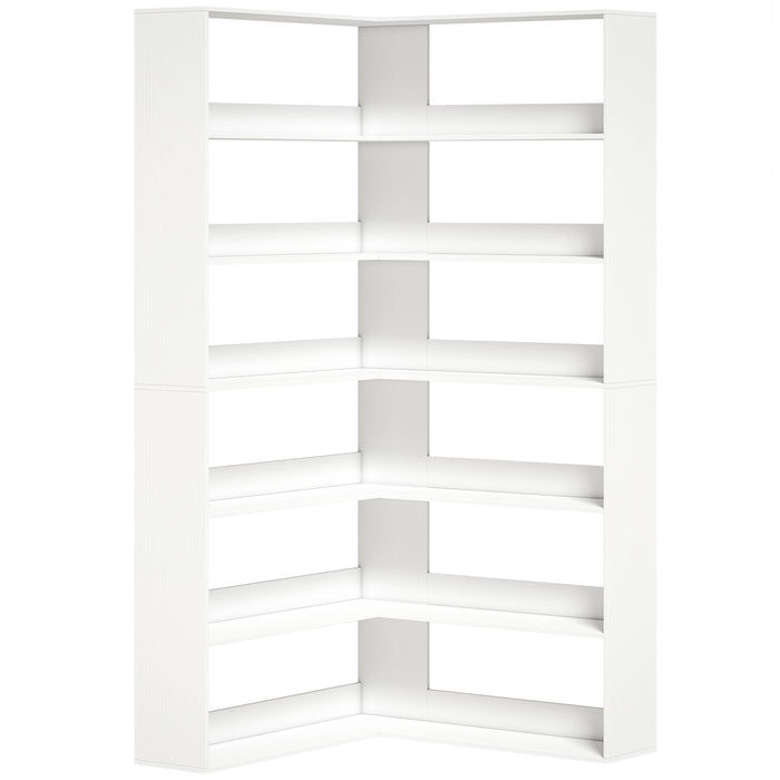 HOMCOM 7 Tiers Bookshelf, L-Shaped Corner Bookcase with Anti-Slip Rear Guard, White Wood Effect