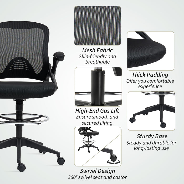 Vinsetto Drafting Chair with Flip-up Armrest, Mesh Office Stool with Foot Ring, 360° Swivel Height Adjustable Chair for Standing Desk, Black