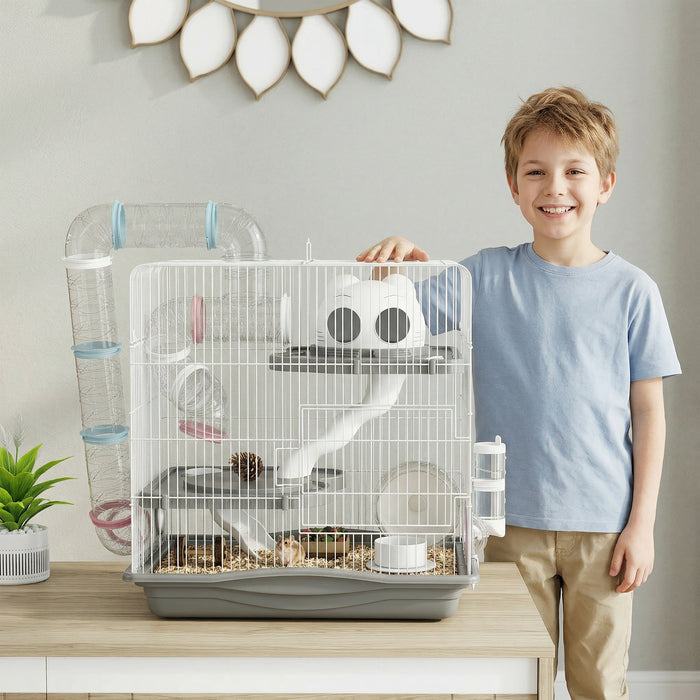 PawHut 3-Tier Hamster Cage with Exercise Wheels, Water Bottle, Food Dish, for Dwarf Hamsters, 45 x 30 x 45 cm, Grey