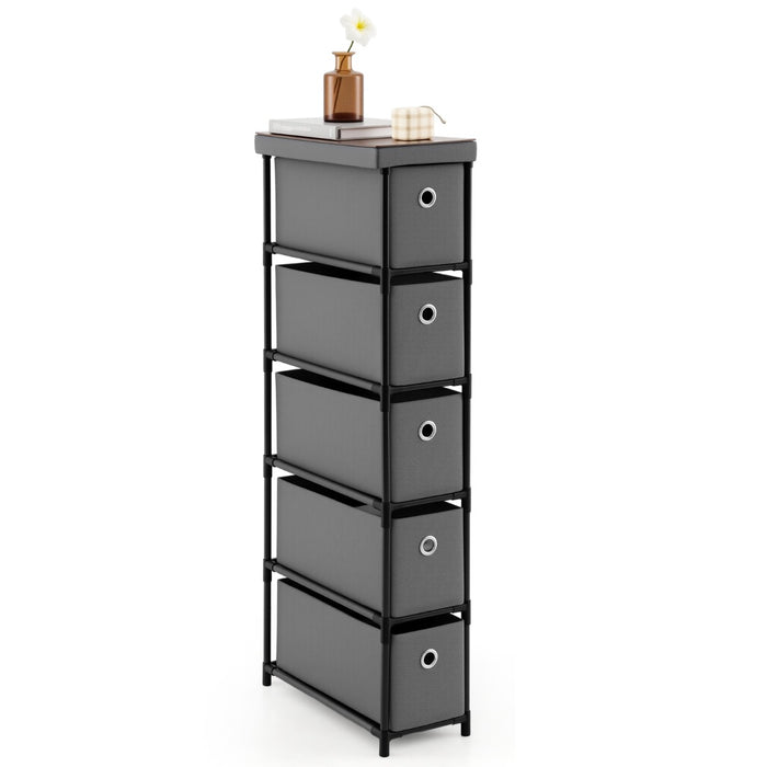 Narrow Dresser with 5 Drawers Slim Storage Tower with Metal Frame-Grey