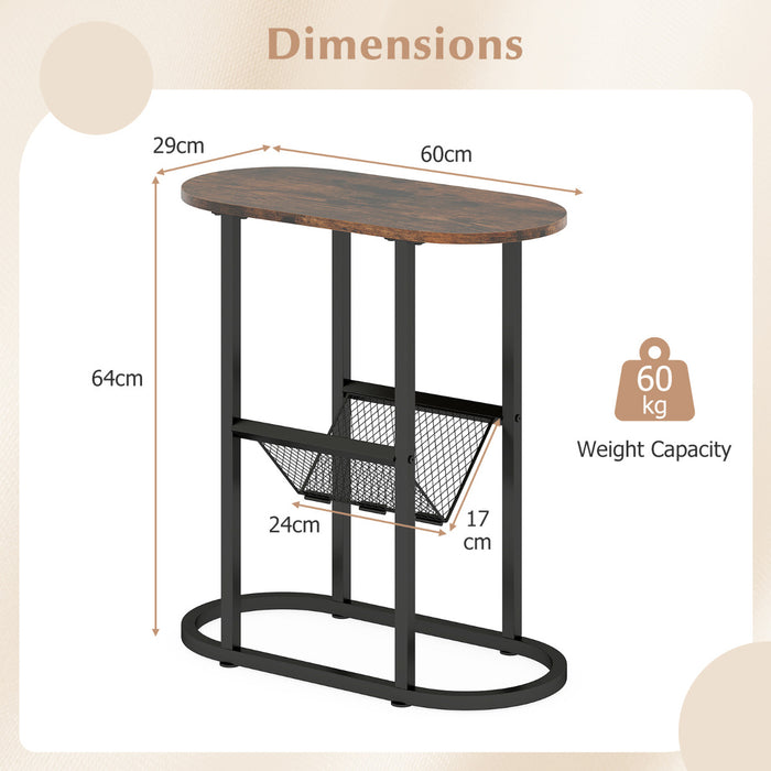 2-Tier Oval End Table Set of 2 Space-saving Slim Couch Side Table -Rustic Brown