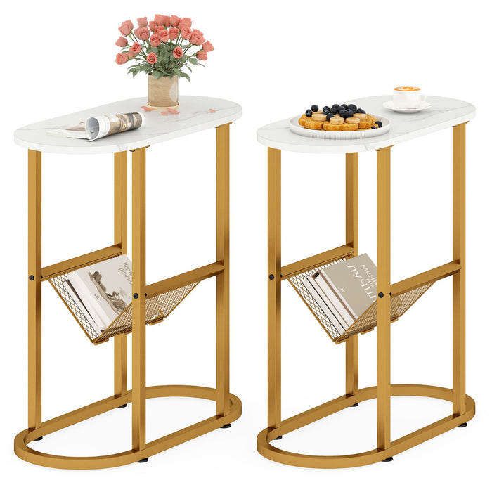 2-Tier Oval End Table Set of 2 Space-saving Slim Couch Side Table -Rustic Brown