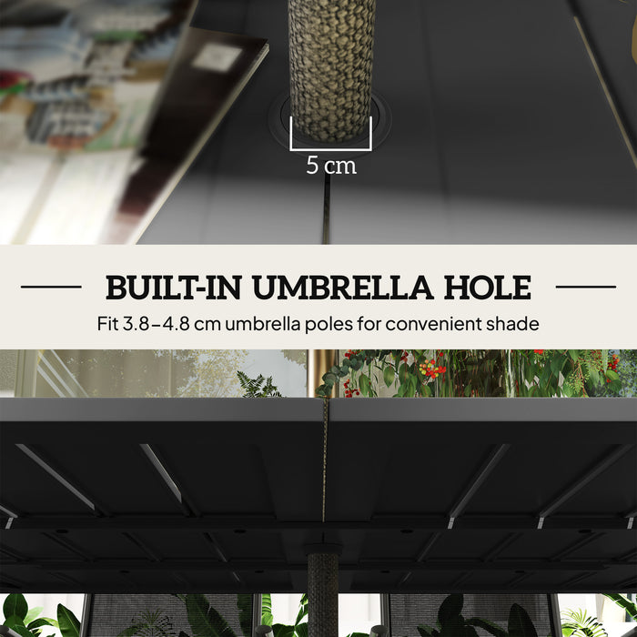 Outsunny Garden Table with Parasol Hole for 6 Person, Rectangle Outdoor Dining Table with Slatted Metal Tabletop, Steel Frame for Patio, Balcony, 150 x 90 x 73 cm, Black