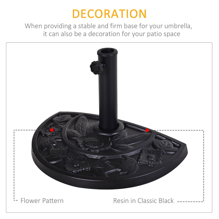 Outsunny 9kg Resin Parasol Base, Half Round Umbrella Stand with Floral Design for Garden, Outdoor, Suitable Umbrella Rod: Φ3.8cm, Φ4.8cm, Black