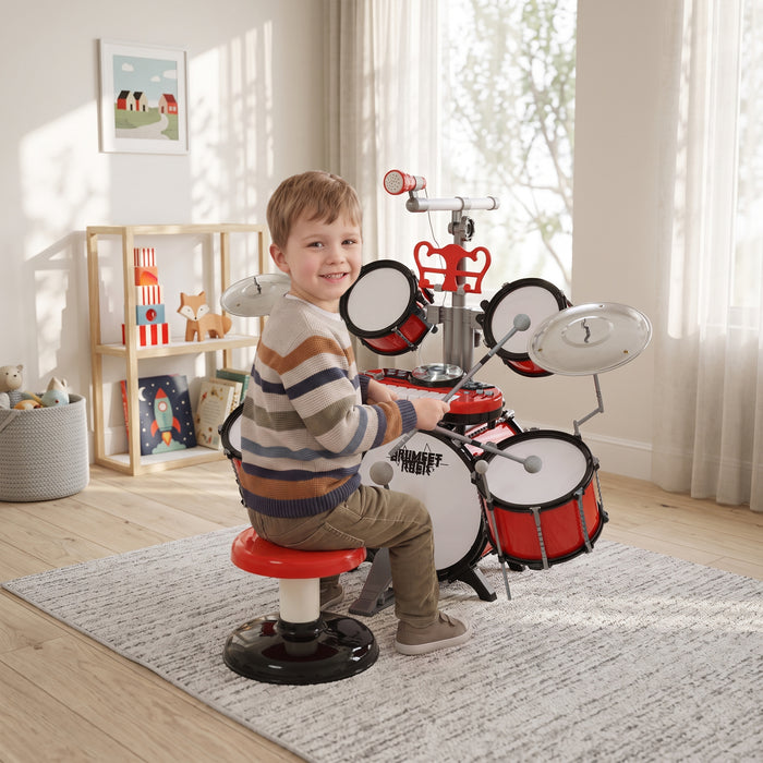 HOMCOM Kids Drum Set for Beginners, Drum Kit with Toy Microphone, Cymbal, Pedal & Drumsticks, Educational Musical Toy, Red