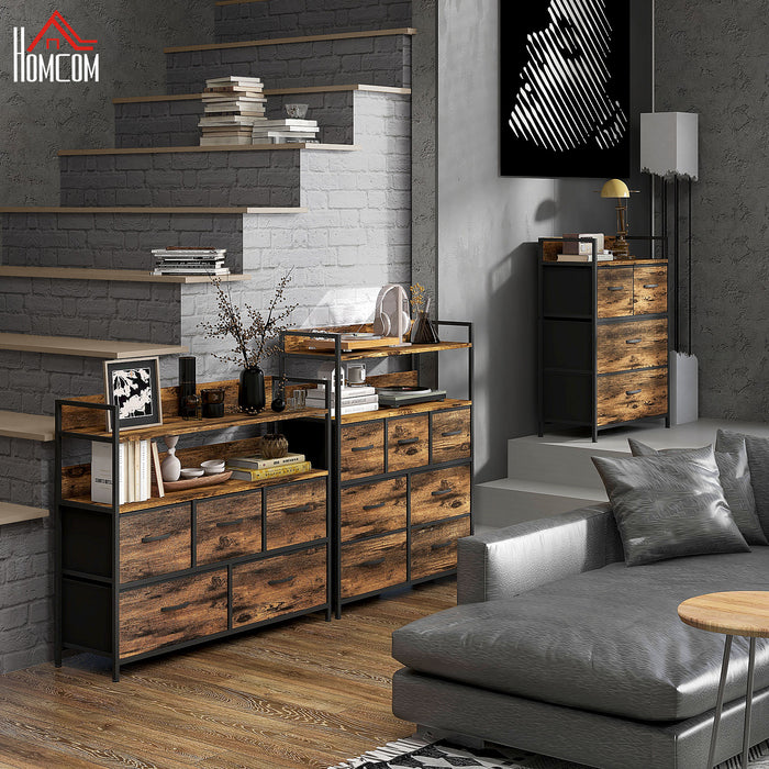 Rustic Wood-Effect Storage Unit - Chest with 5 Brown Fabric Drawers - Ideal Organizer for Bedroom or Living Spaces