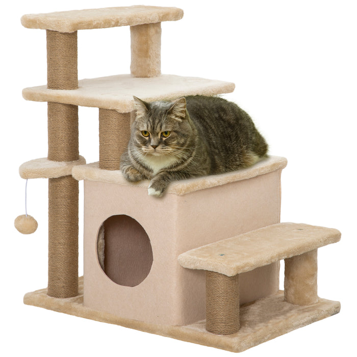 PawHut Adjustable Cat Steps, with House & Hanging Toy Ball - Beige | Aosom UK