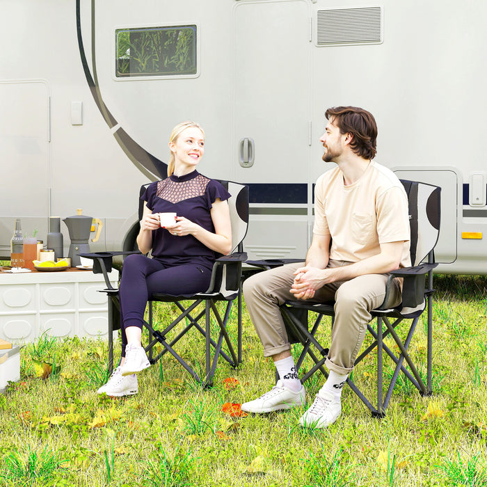 Outsunny Set of 2 Folding Camping Chairs, Padded Camping Chairs with Adjustable Armrests, Portable & Lightweight Folding Camp Chair with Cooler Bag, Cup Holder and Side Pockets, Black