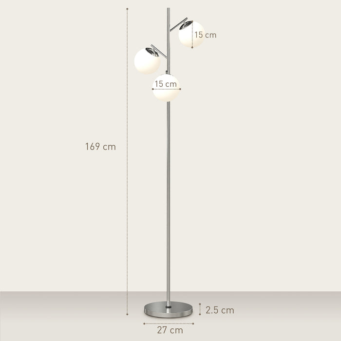 HOMCOM 3-Light Tree Floor Lamps for Living Room, Modern Standing Lamp for Bedroom with Globe Lampshade, 3000K/4000K/6000K Colour Temperatures, Steel Base, Silver Tone