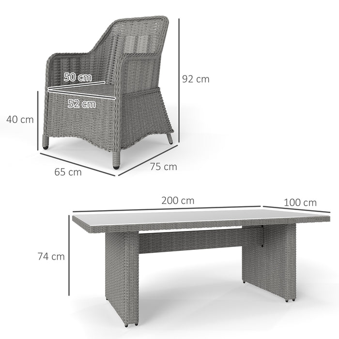 Outsunny 6 Seater Rattan Dining Set, Round PE Rattan Garden Furniture Set with Seat and Back Cushions, Aluminium Outdoor Dining Table and Chairs with 6 Armchairs, Rectangular Glass Top Table, Grey