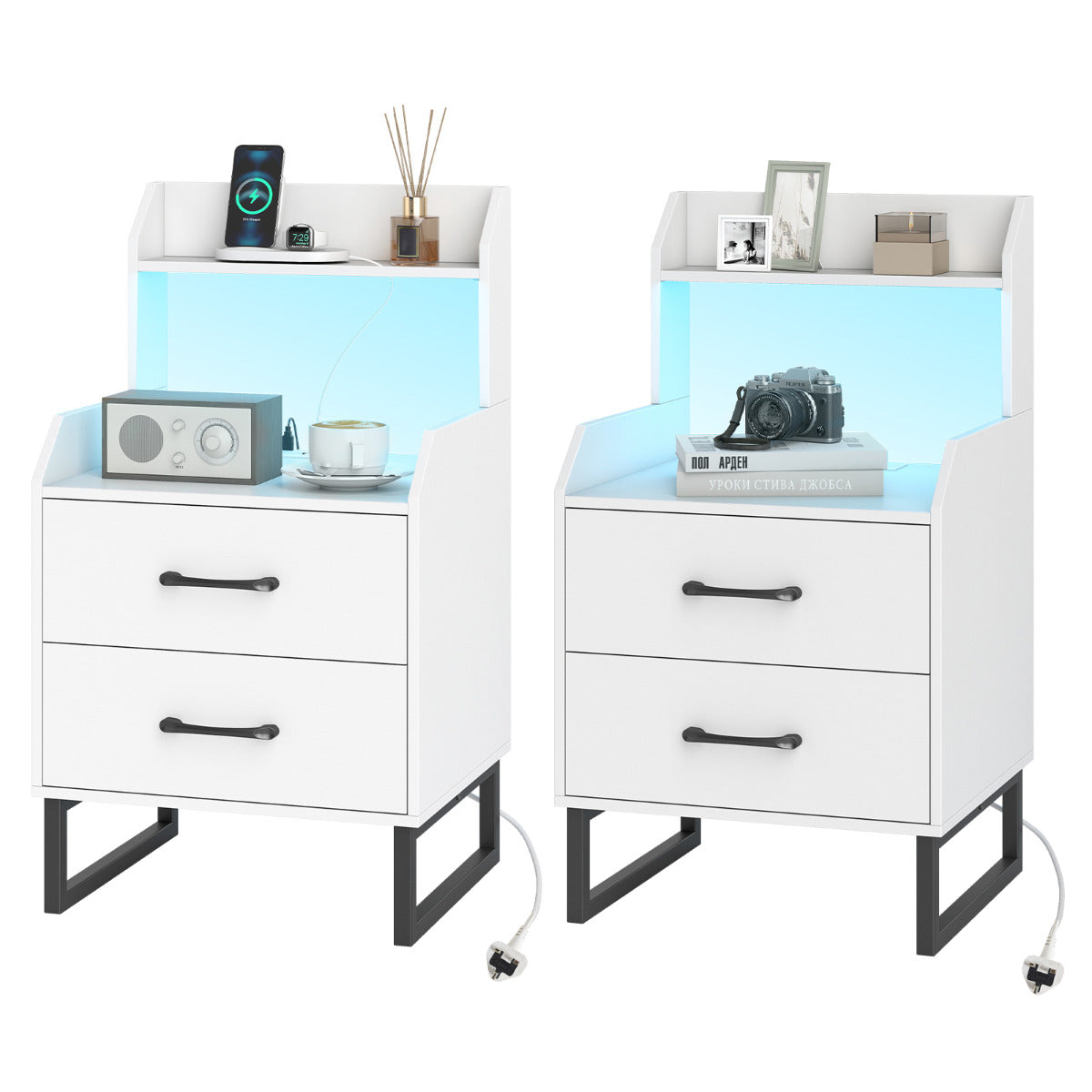 Nightstand Modern Bedside Table Set of 2 with Built-in Charging Station-