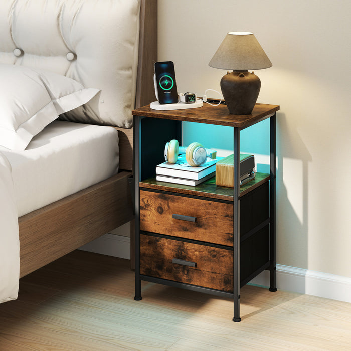 Nightstand with Charging Station and Folding Fabric Drawers-