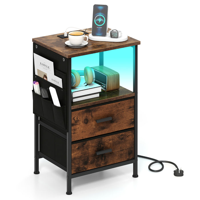 Nightstand with Charging Station and Folding Fabric Drawers-