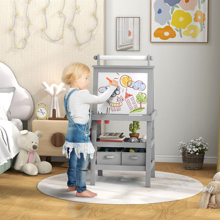Aosom 3-in-1 Kids Easel - Double-Sided Magnetic Whiteboard & Chalkboard, Paper Roll, Storage Baskets - Creative Learning Tool for Children
