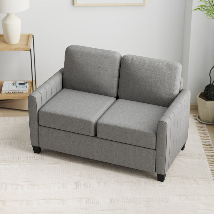 HOMCOM 2 Seater Sofa, Channel Tufted Modern Fabric Couch, Upholstered Loveseat with Spring Cushion, Back Pillow, for Small Space, Living Room, Bedroom, Office, Light Grey