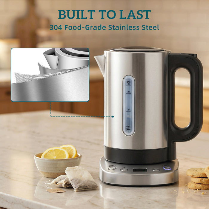 HOMCOM Electric Kettle, 1.7L, Fast Boil, 3kW Water Kettle with UK Strix Thermostat, Keep Warm Function, LCD Base, Silver Tone