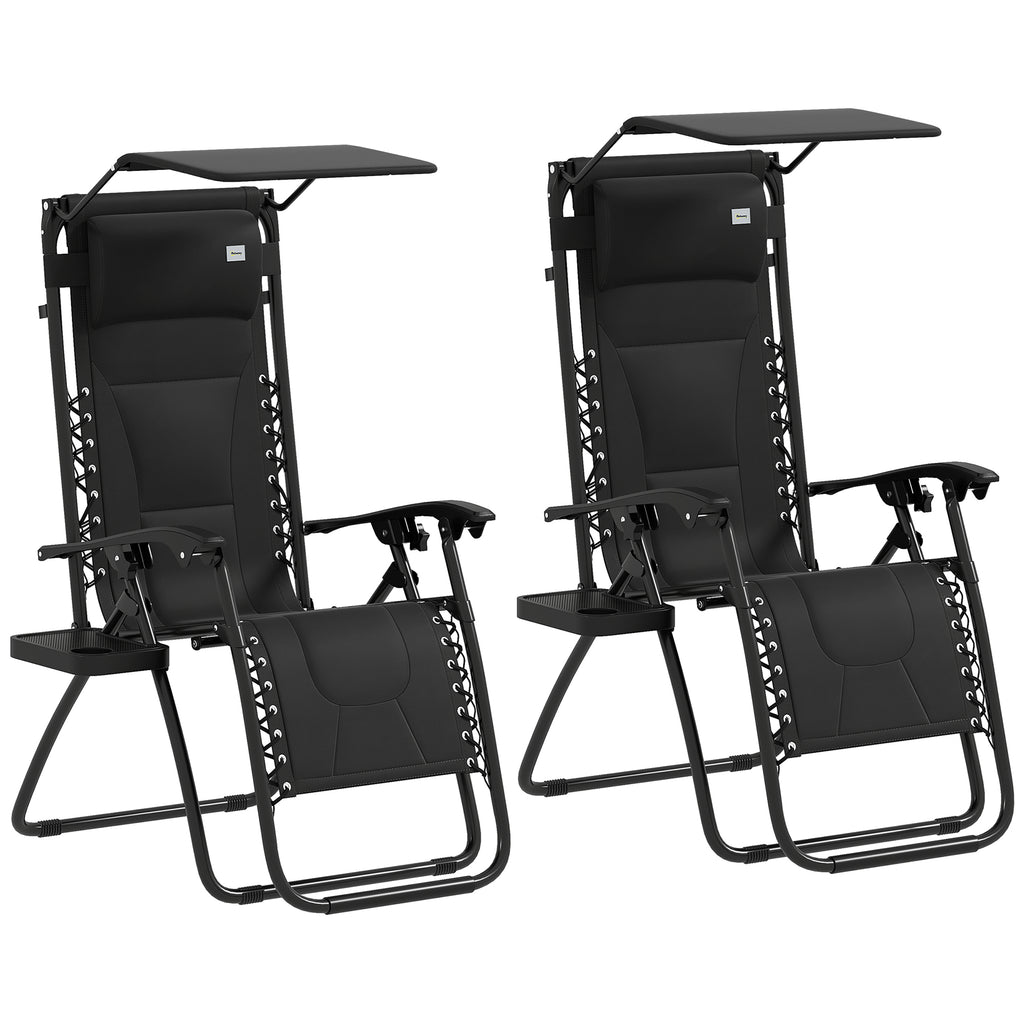 Outsunny Zero Gravity Lounger Chair Set of 2, Folding Reclining Patio Chair with Shade Cover, Cup Holder, Soft Cushion and Headrest for Poolside, Camping, Black