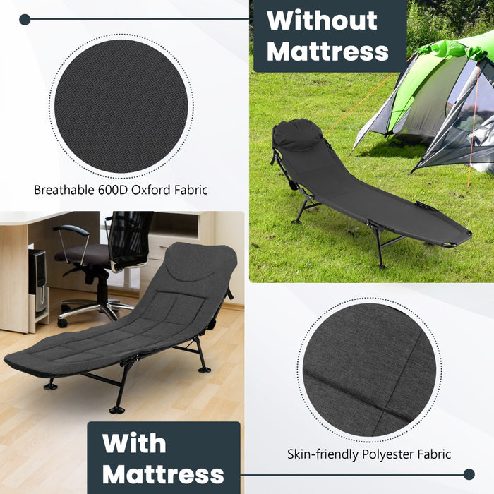 Portable Outdoor Cot - Folding Camping Bed with 6-Position Adjustable Backrest and Detachable Mattress, Grey - Ideal for Campers and Outdoor Enthusiasts