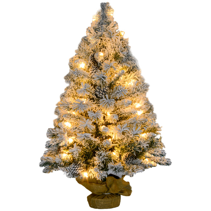 HOMCOM 3ft Prelit Artificial Christmas Tree with Warm White LED Light and 133 Tips, Concrete Base, Flocked Xmas Tree with Pine Cones, Green
