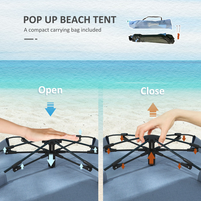 Pop Up Beach Tent for 2-3 People - UPF15+ Protection, Extended Floor, Sandbags, Ventilated Mesh Windows - Portable Sun Shelter for Family Outings