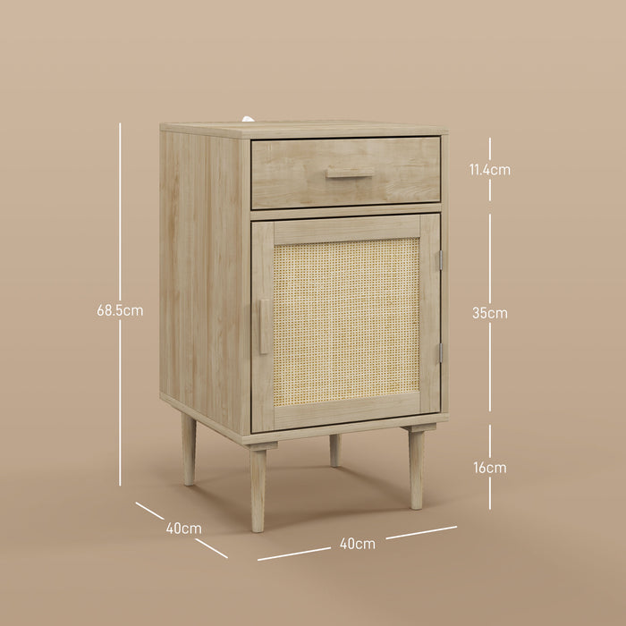 HOMCOM Bedside Tables Set of 2, Rattan Side Tables with Drawer, Cabinet and Adjustable Shelf, Boho Bedside Cabinets with Storage for Bedroom, Living Room, Natural Wood Finish