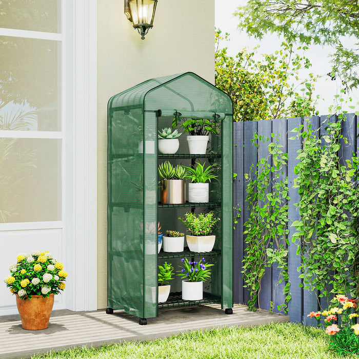 Outsunny 4 Tier Mini Portable Greenhouse Compact Plant Grow Shed Metal Frame PE Cover with Lockable Rolling Wheels , Green
