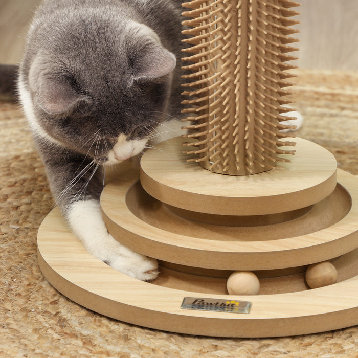 PawHut 49cm 5 in 1 Cat Scratching Post with Sisal Post, Track Ball Toy, Self Grooming Brush, Hanging Toy Ball, Feather, Oak | Aosom UK