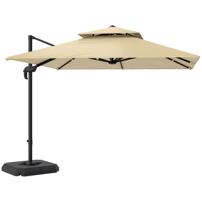 Outsunny 2.7 x 2.7(m) Cantilever Parasol with Aluminium Frame, Crank and Tilt, 360° Rotation, Double Top Garden Umbrella with Base and Cover, Khaki