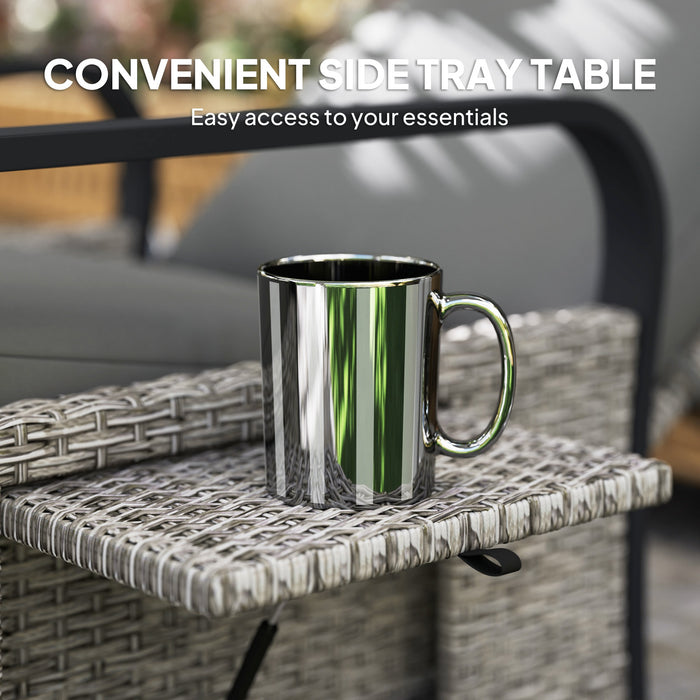 Outsunny Rattan Garden Recliner Chair, Reclining Rattan Chair with Adjustable Backrest and Footrest, Outdoor Lounge Sun Lounger with Cushion, Side Tray and Aluminium Armrests, Light Grey/Dark Grey