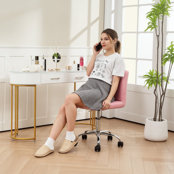 HOMCOM PU Leather Armless Office Chair, Modern Vanity Computer Swivel Chair with Rolling Wheels and Adjustable Height for Home Study, Bedroom, Pink