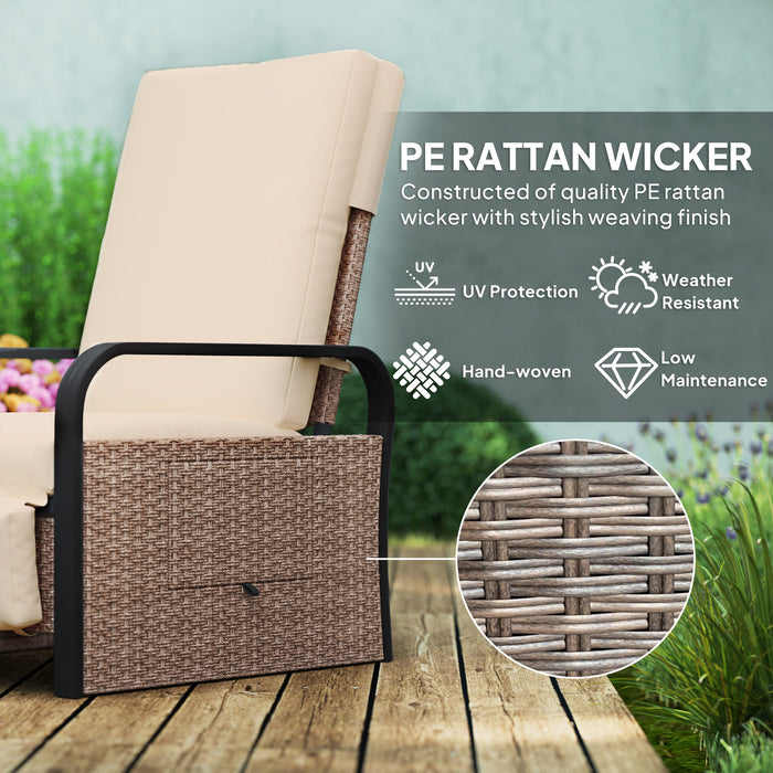 Outsunny Rattan Garden Recliner Chair, Reclining Rattan Chair with Adjustable Backrest and Footrest, Outdoor Lounge Sun Lounger with Cushion, Side Tray and Aluminium Armrests, Brown/Khaki