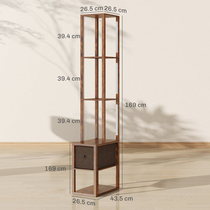 HOMCOM Floor Lamp with Shelves, LED Column Modern Standing Lamp with Fabric Drawer, Adjustable Brightness, Foot Switch for Living Room, Bedroom, Office, Rustic Brown