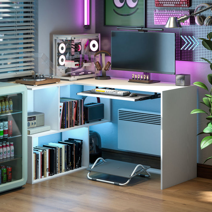 HOMCOM L-Shaped Corner Desk, Computer Desk with Keyboard Tray and Open Shelves, White Wood Effect