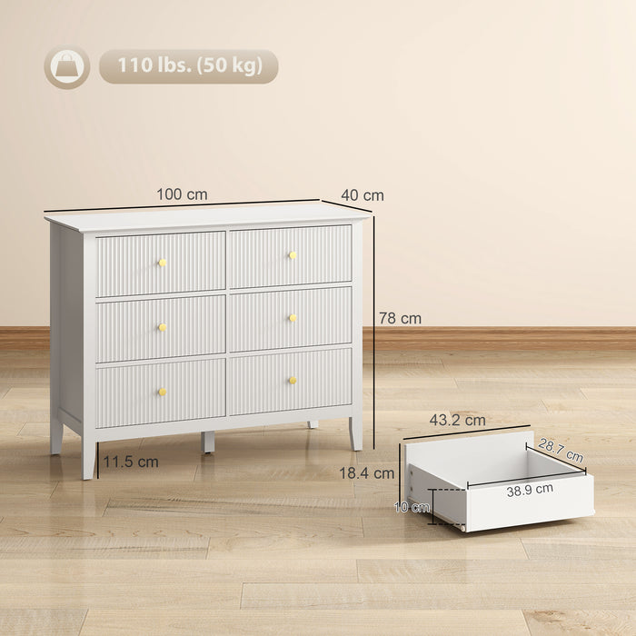 HOMCOM Fluted Dresser, 6 Drawer Chest of Drawers for Bedroom, Living Room, Hallway, Closet, White