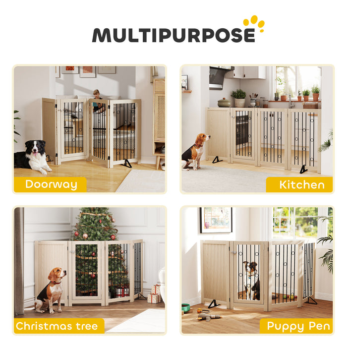 PawHut 4 Panel Freestanding Pet Gate, Indoor Dog Barrier with Lockable Door, Support Feet, 360° Flexible Hinges, Oak