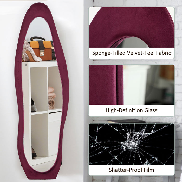 HOMCOM Arched Full Length Mirror, Irregular Wavy Mirror, 160 x 50cm Free Standing/Leaner/Wall Mirror with Velvet Frame for Living Room, Bedroom, Wine Red